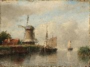 Andreas Schelfhout Dutch boats moored on a river beside a windmill oil